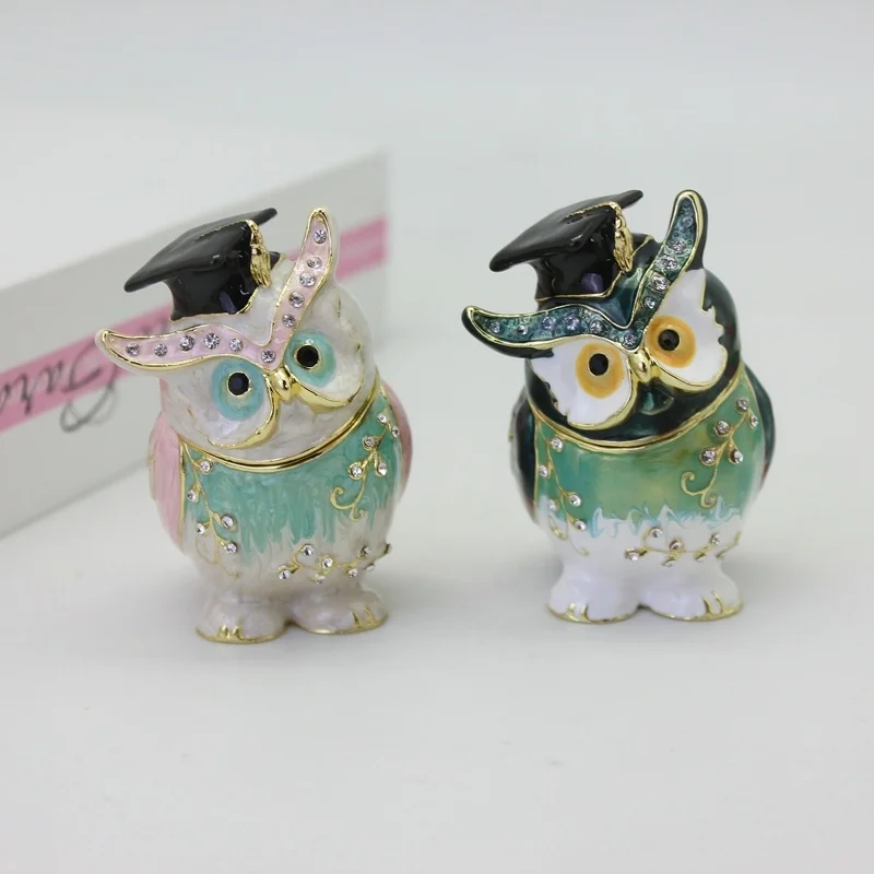 

SHINNYGIFTS Hand Painted Owl Trinket Box, Enameled and Shiny Rhinestones Mini Jewelry Container Statue Ornament