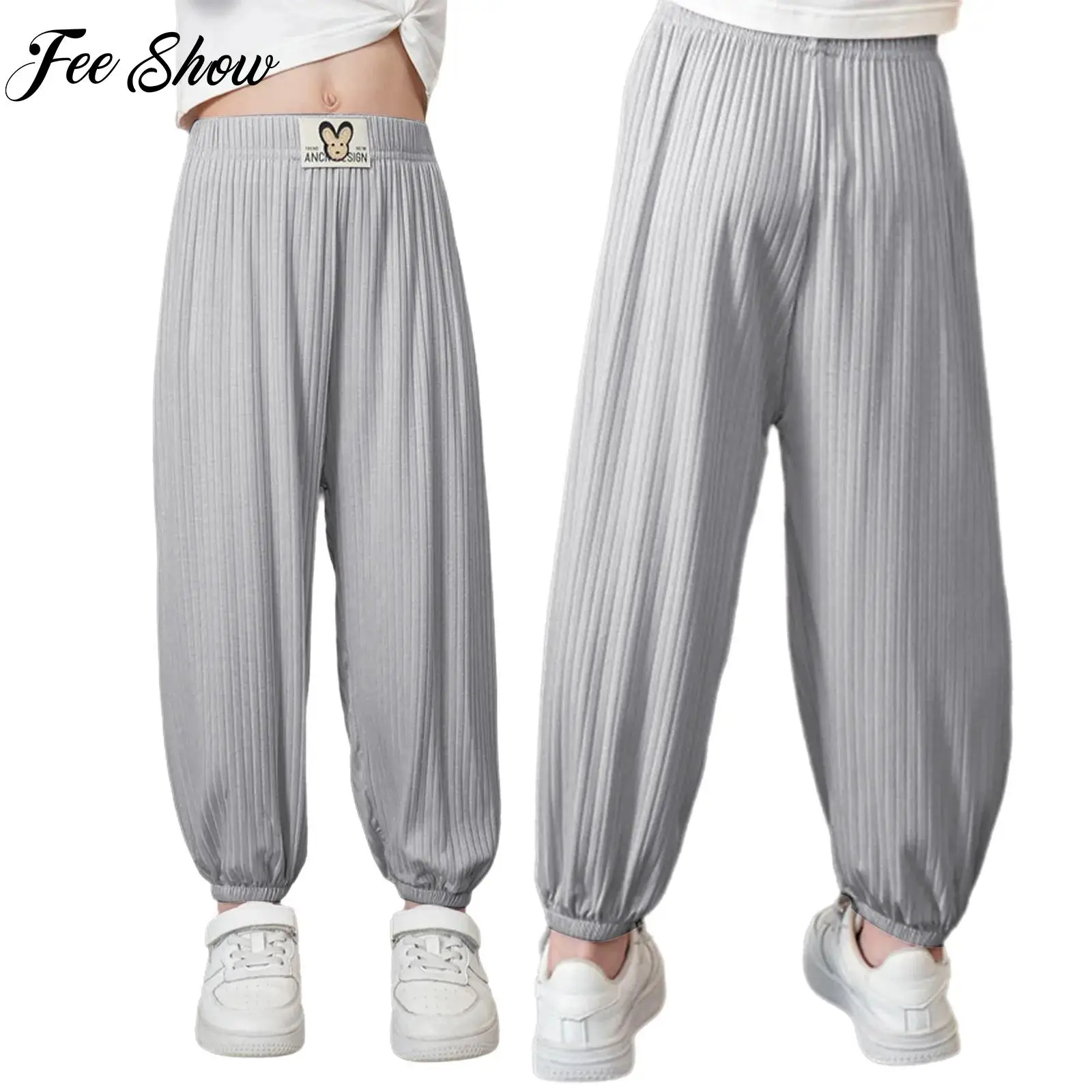 

Summer Kids Girls Ribbed Fitness Pants Homewear Loungewear Stretchy Solid Color Sweatpants Children Casual Workout Active Wear