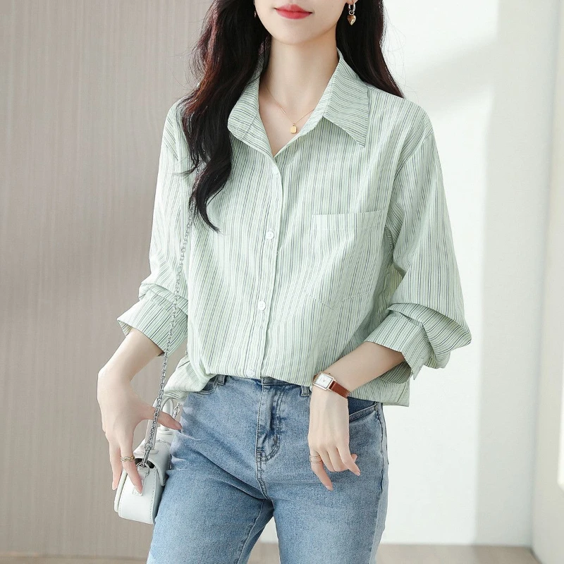 Spring and Autumn Women\'s 2024 New Splicing Polo Collar Button Striped Pocket Fashion Loose Casual Long Sleeve Blouses Shirts