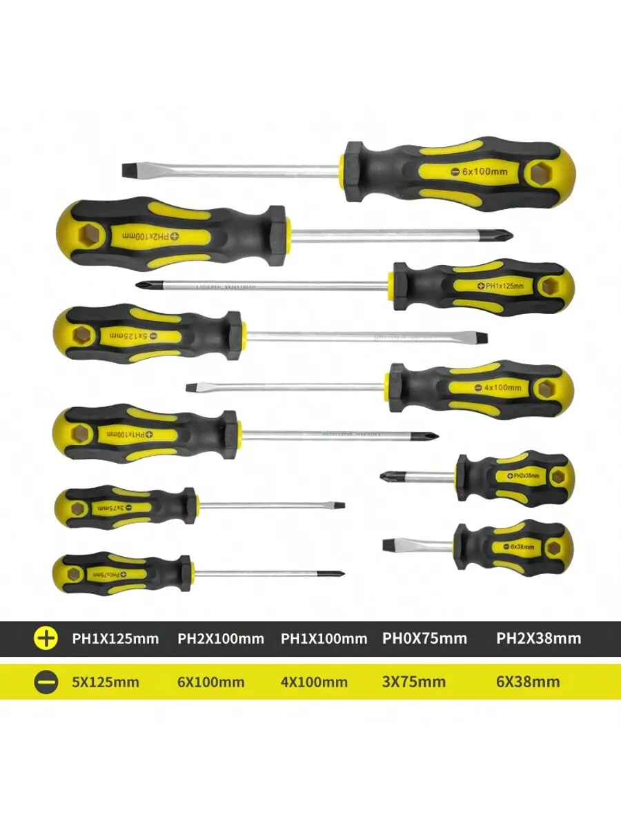 

10 magnetic screwdrivers/set, 5 Phillips and 5 slotted professional cushion-handle screwdrivers
