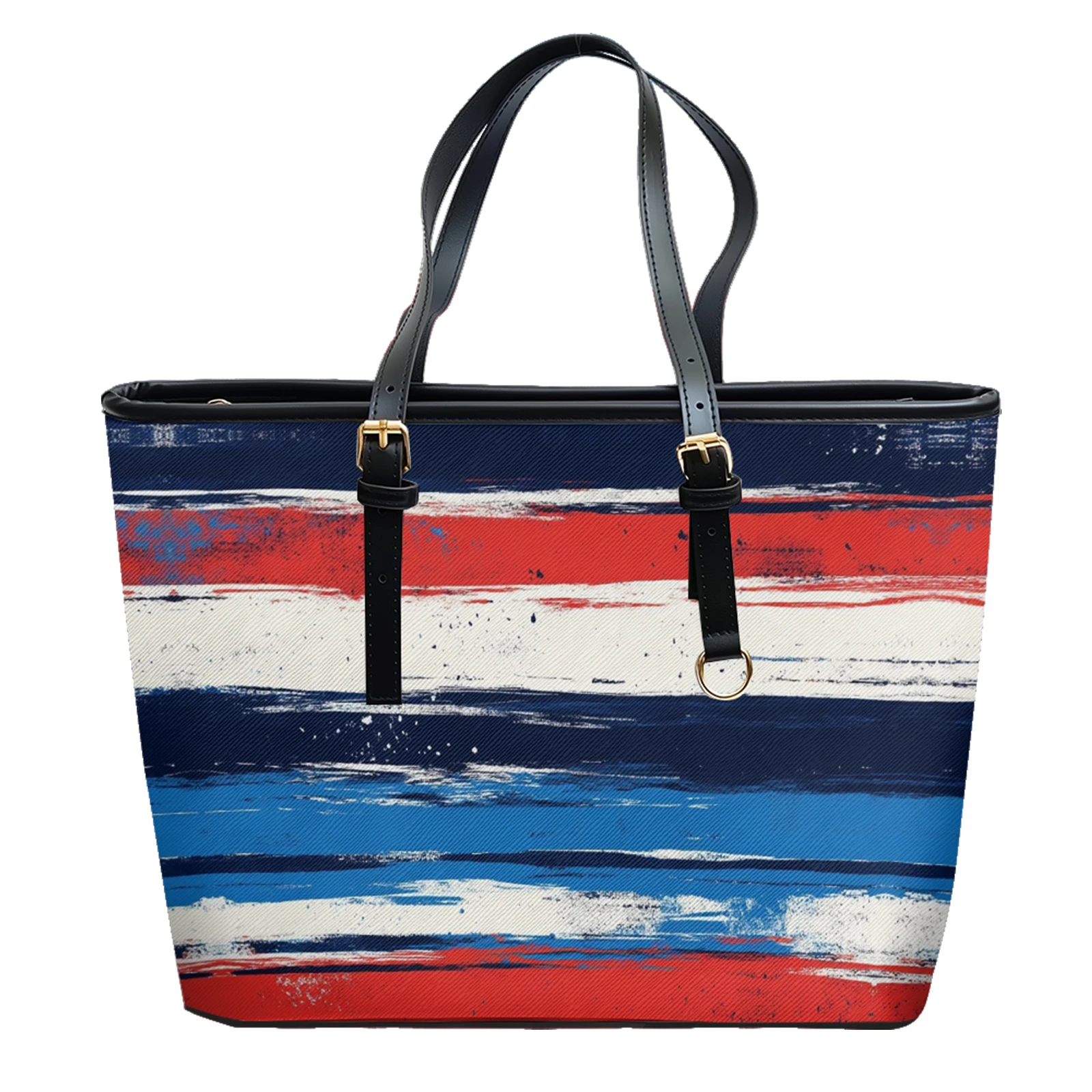 Watercolor Stripes Printed Oxford PVC Leather Shoulder Bag Zipper Lightweight Tote Daily Use Convertible Work Weekend Purse