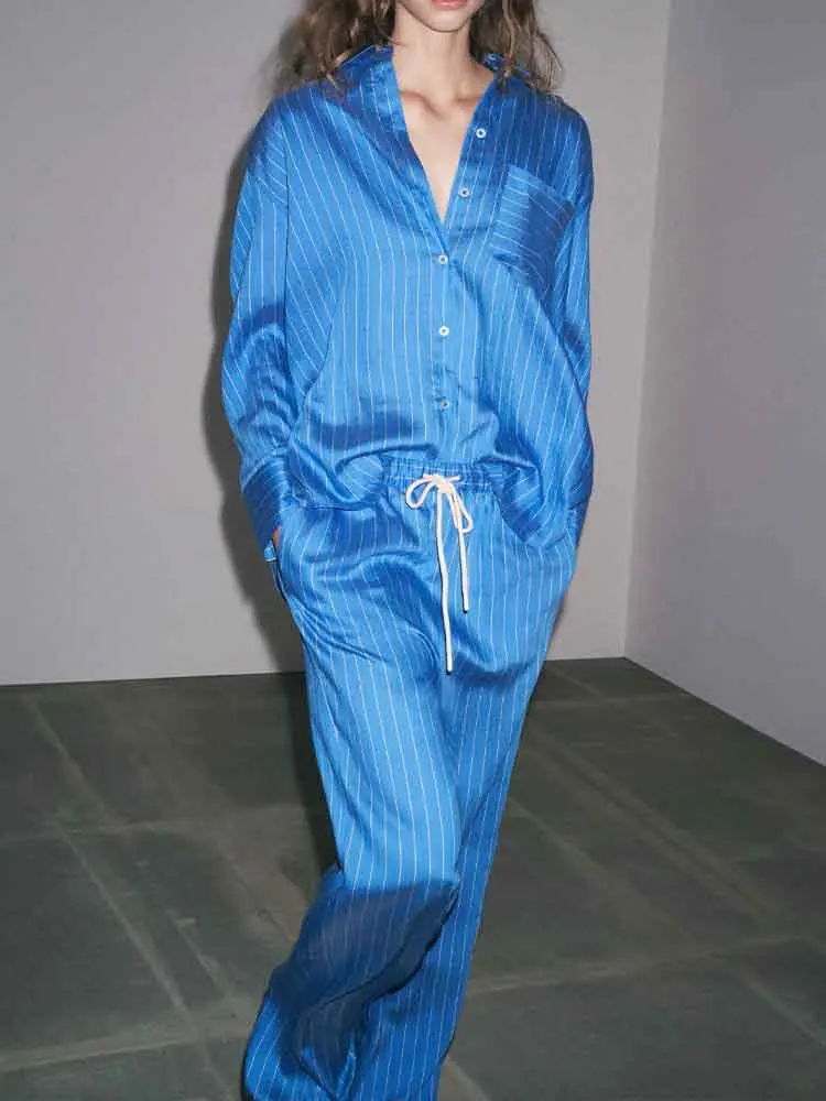 

European style new women's fashion temperament striped lapel long-sleeved shirt mid-waist straight pants suit