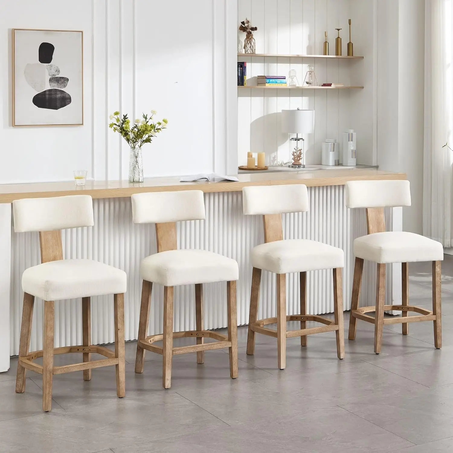 

Linen Upholstered 27.7in Curved Back Counter Height Bar Stools Set Of 4 Wood Farmhouse Kitchen Island Cafe Beige Customized