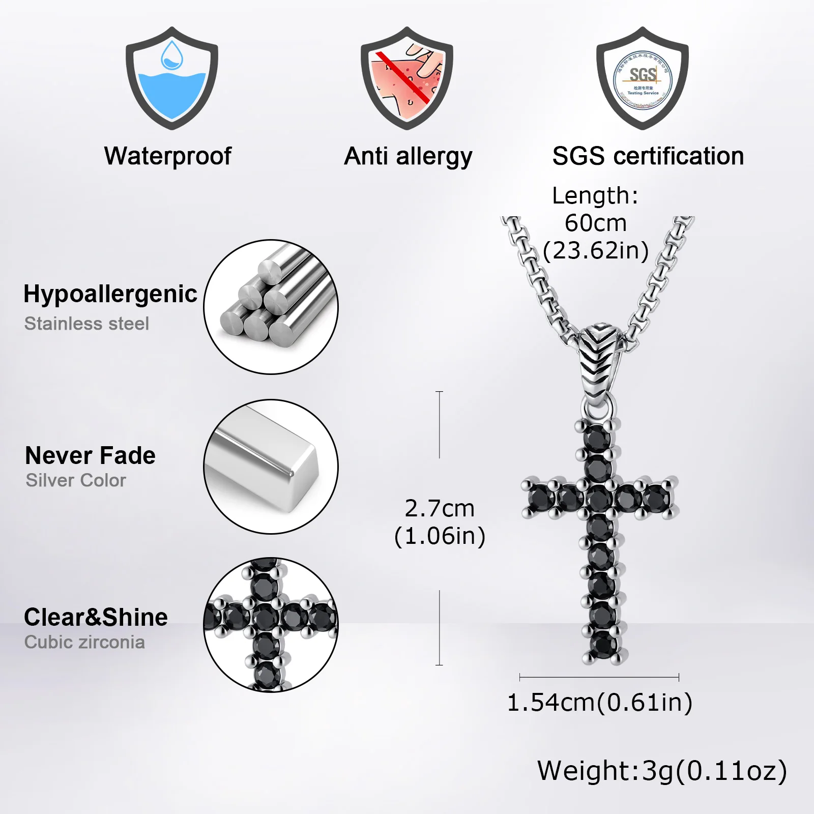 Hip Hop Men's Cross Necklace,Black AAA Cubic Zirconia Stainless Steel Cross Pendant Necklace,Birthday Party Male Jewelry Gift