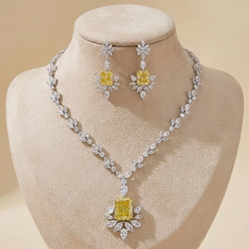 

Europe America Style Earrings Necklace Women Lady Inlay Yellow Square Radiant Cut Cubic Zircon Pendant Party Jewelry Sets