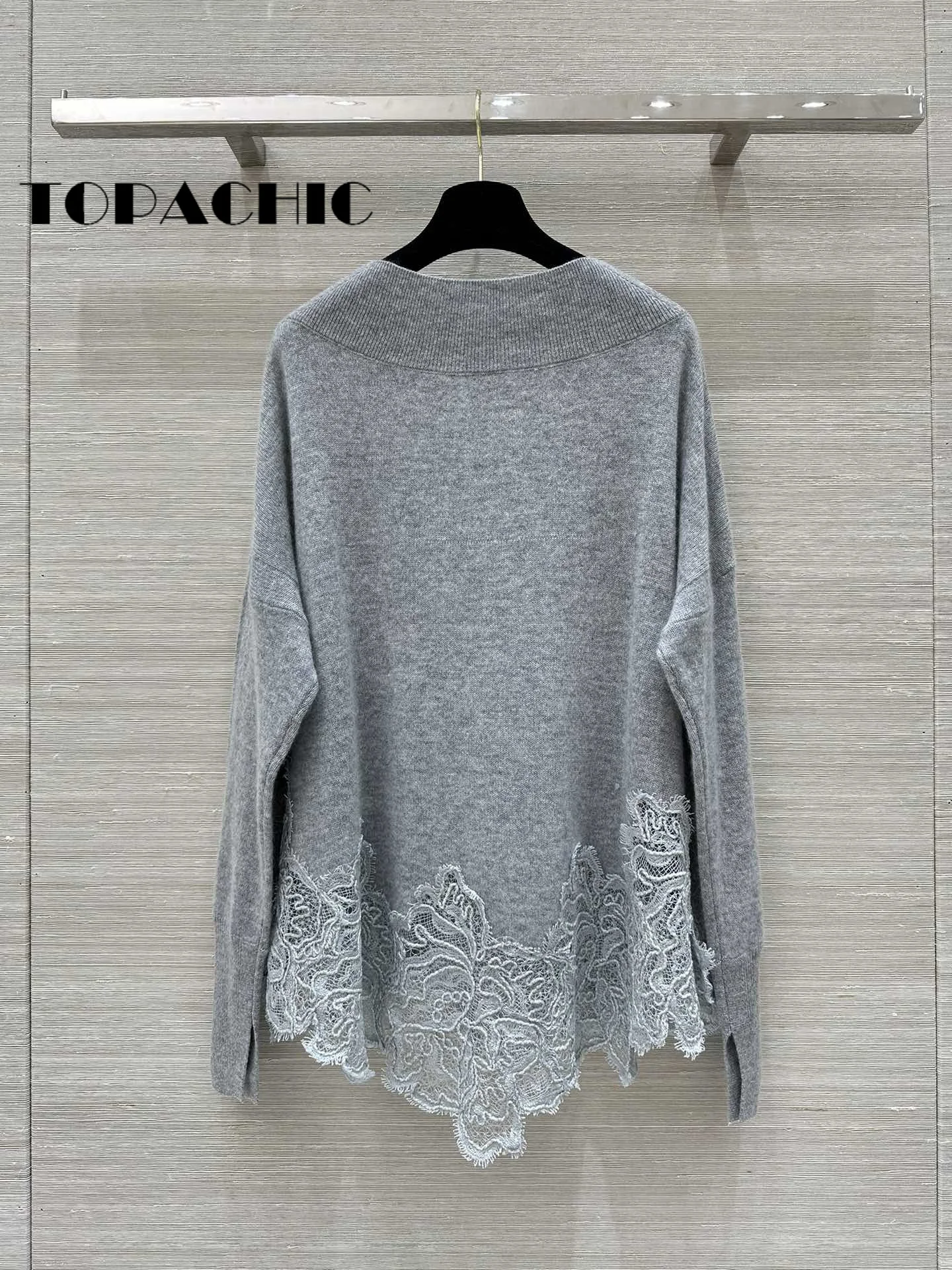 9.25 TOPACHIC-Women Lace Embroidered Spliced Cashmere Knitwear Personality Elegant Slash-neck Cuff Split Loose Pullover Sweater