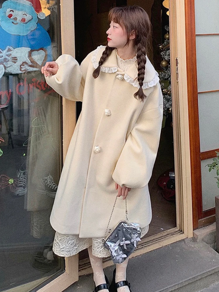 Autumn Kawaii Lolita Wool Coat Women Japanese Button Designer Sweet Long Coat Female Pocket Loose Casual Warm Overcoat 2022 New