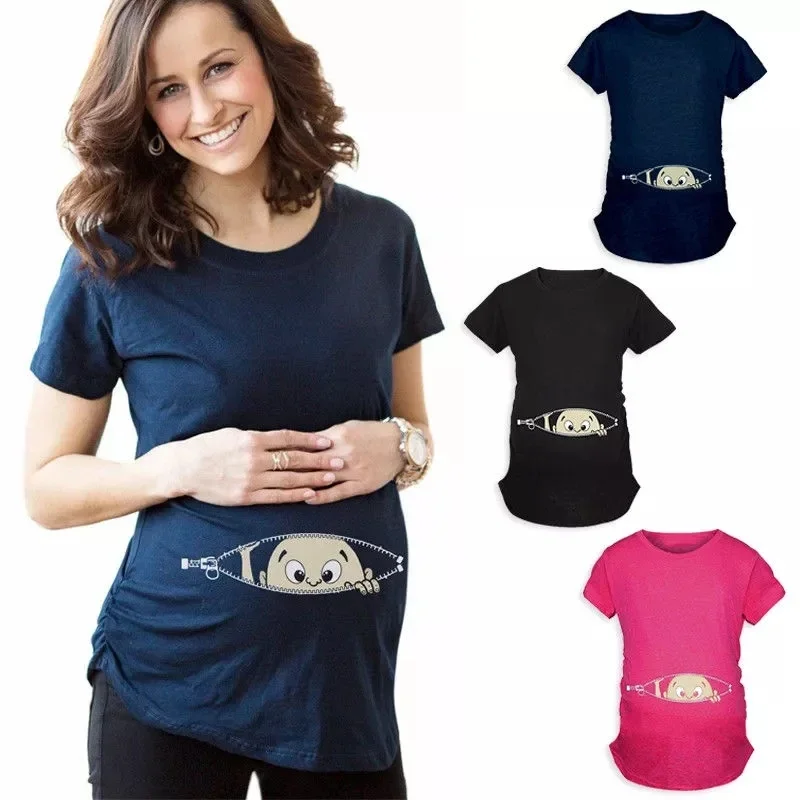 

Summer Pregnancy Cartoon Tee Baby Print Staring Women Maternity Clothing Pregnant Short Sleeve T-Shirt Funny Top Plus Size S-3XL