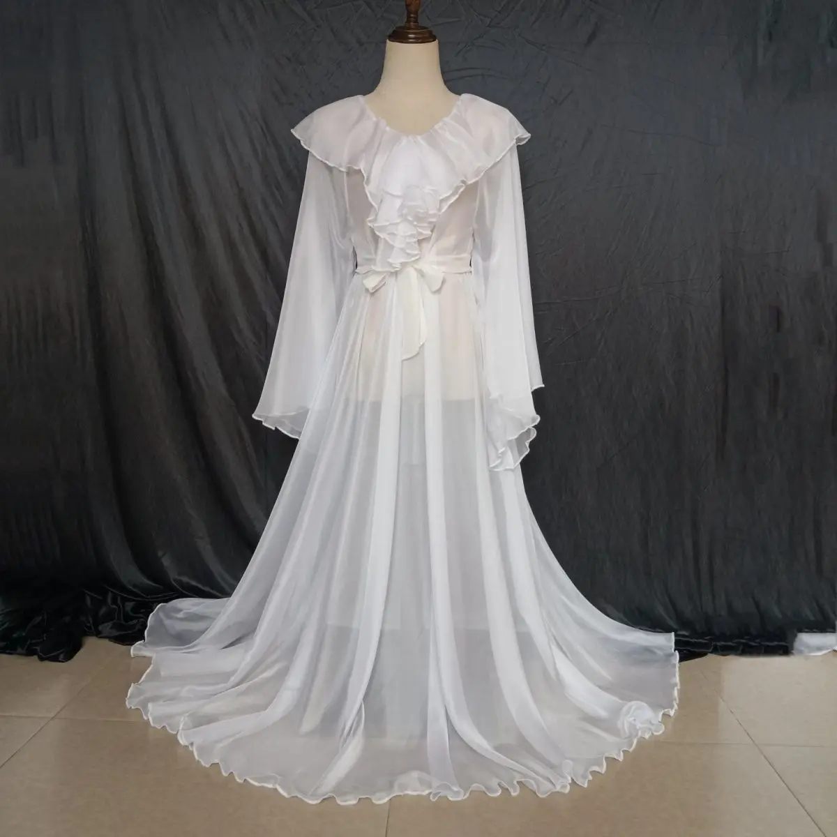 

Sexy Women Lingerie Sheer Mesh Tulle Perspective Layered Ruffle Maxi Floor Long Bath Robe Gown Sleepwear Dress Men Sleeping Wear