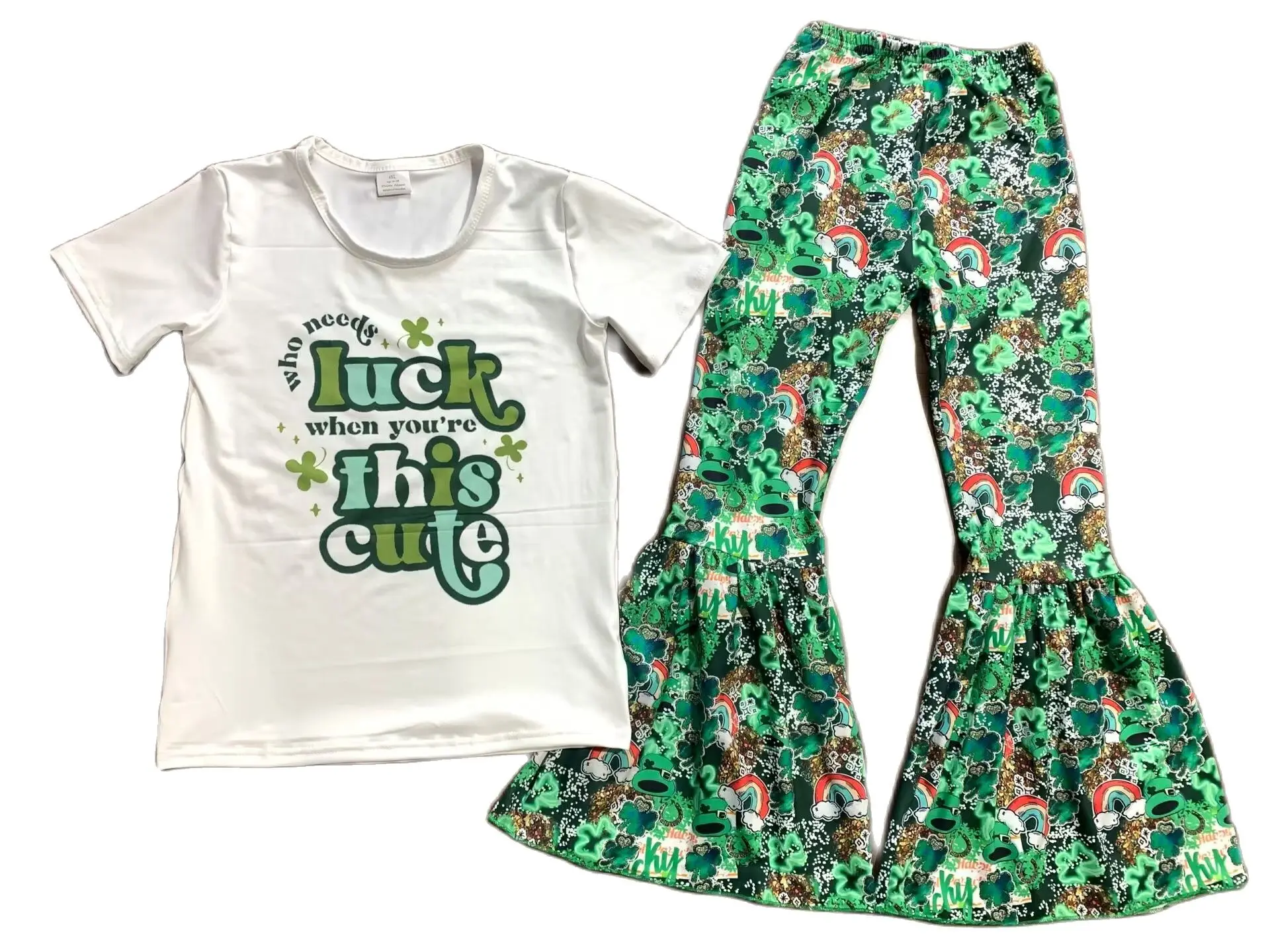 Boutique Girl St Partrick's Clothing Short-sleeved Top Lucky Clover Bell Bottom Pants Set