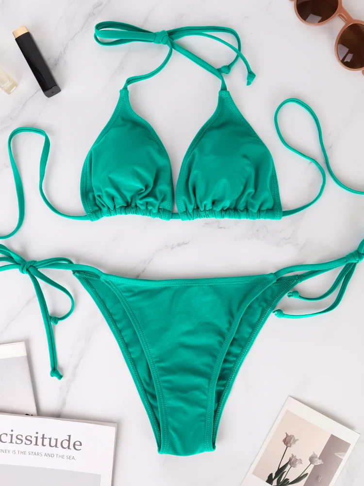 

Women's Thong Bikini Two-Piece Set Summer Beach Style Lace-up Lady's Swimwear Triangular Bandage Adjustable Strap Thong Bikini