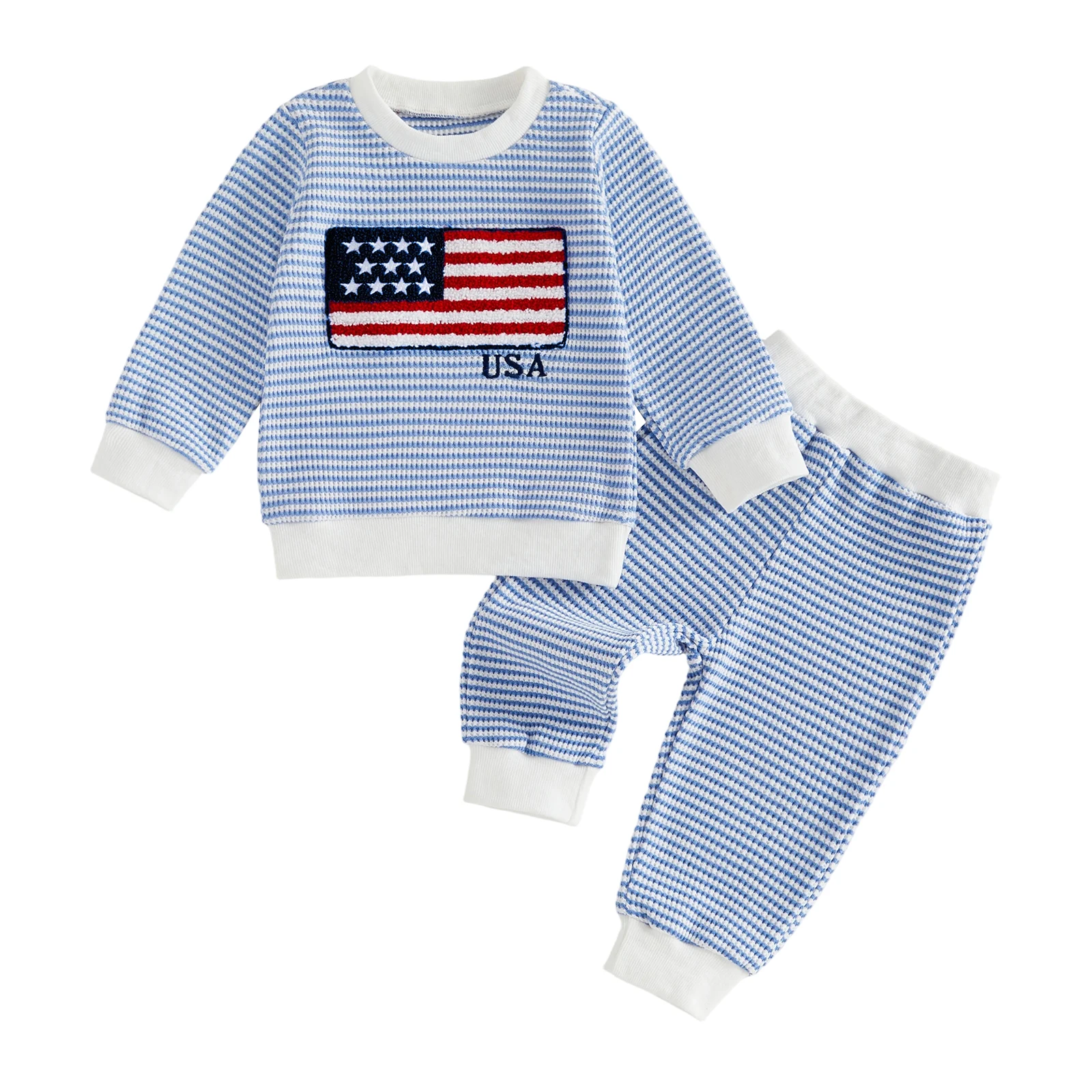 

Одежда для маленьких мальчиков на 4-е июля: свитшоты с вышивкой в виде флага и полосками, с круглым вырезом, и длинные брюки, комплект из 2 предметов.