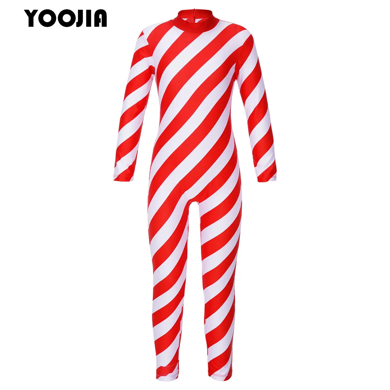 

Candy Cane Striped Kids Girls Spandex Long Sleeve Mock Neck Leotard Full Bodysuit Jumpsuit Xmas Party Cheer Performance Costume