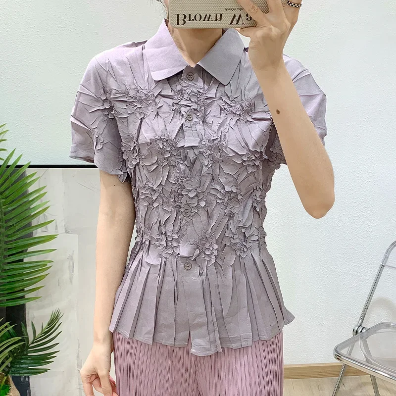 

Miyake T-shirt Femme A Sense Design Pleats Three-dimensional Flower Stacking Elastic Slimming Top Summer Short Sleeved Women