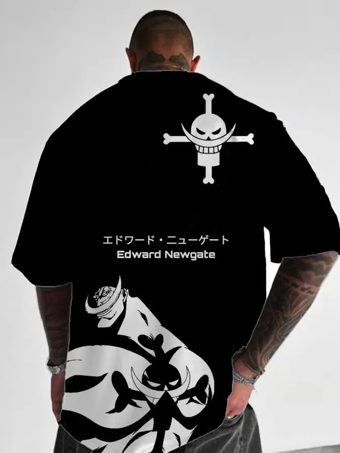 One Piece Edward Newgate Stampa posteriore T-shirt nera Barba bianca Pirati Jolly Roger Teschio Croce Testo giapponese Anime T-shirt in cotone