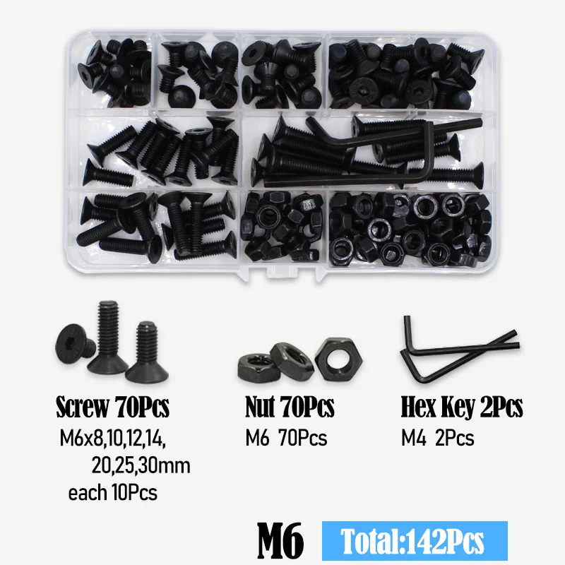 2520 Teile/satz M2 M2,5 M3 M4 M5 M6 Schwarz Grade 10,9 Stahl Sechskant Innensechskant Flache Senkkopf Inbus Bolzen Schraube Mutter Unterlegscheibe Kit – Detail 5