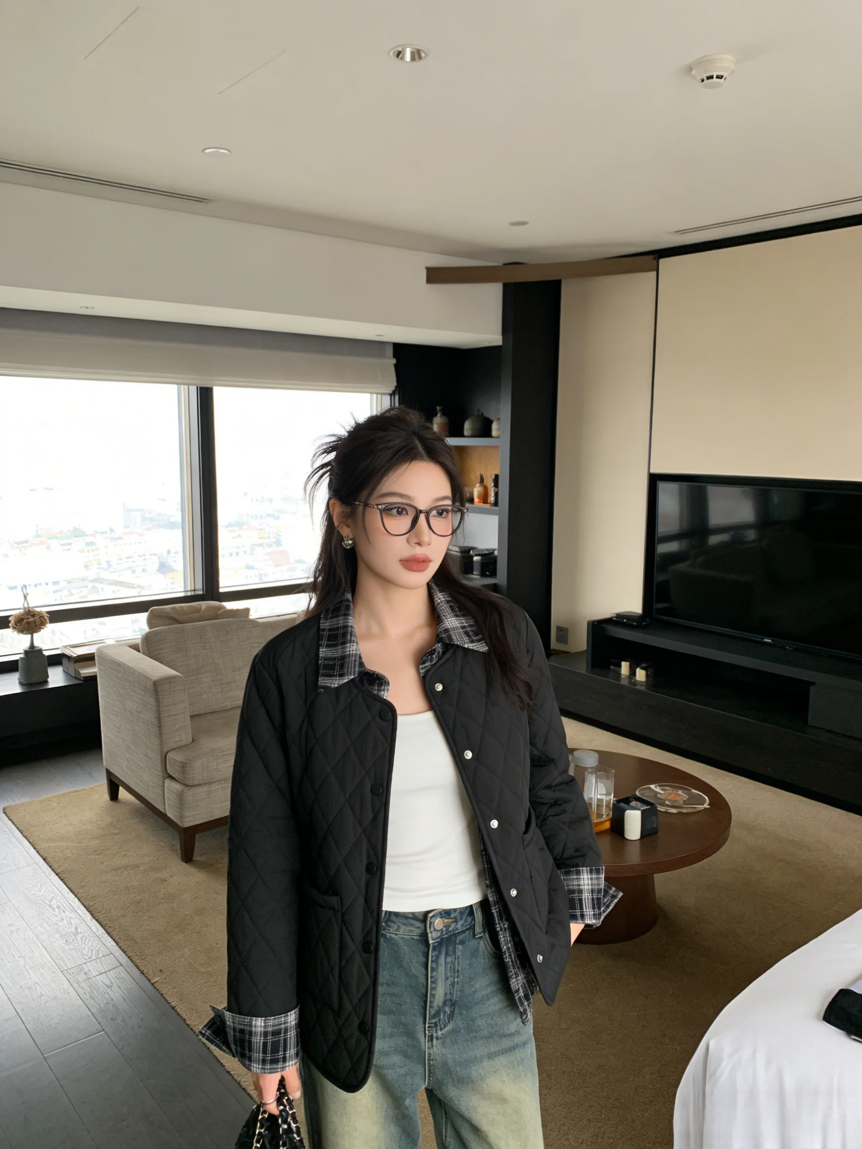 

Plaid Patchwork Shirt Fake Two-Piece Casual Loose Warm Cotton Coat Korean Style Women's Spring Fashion Outerwear