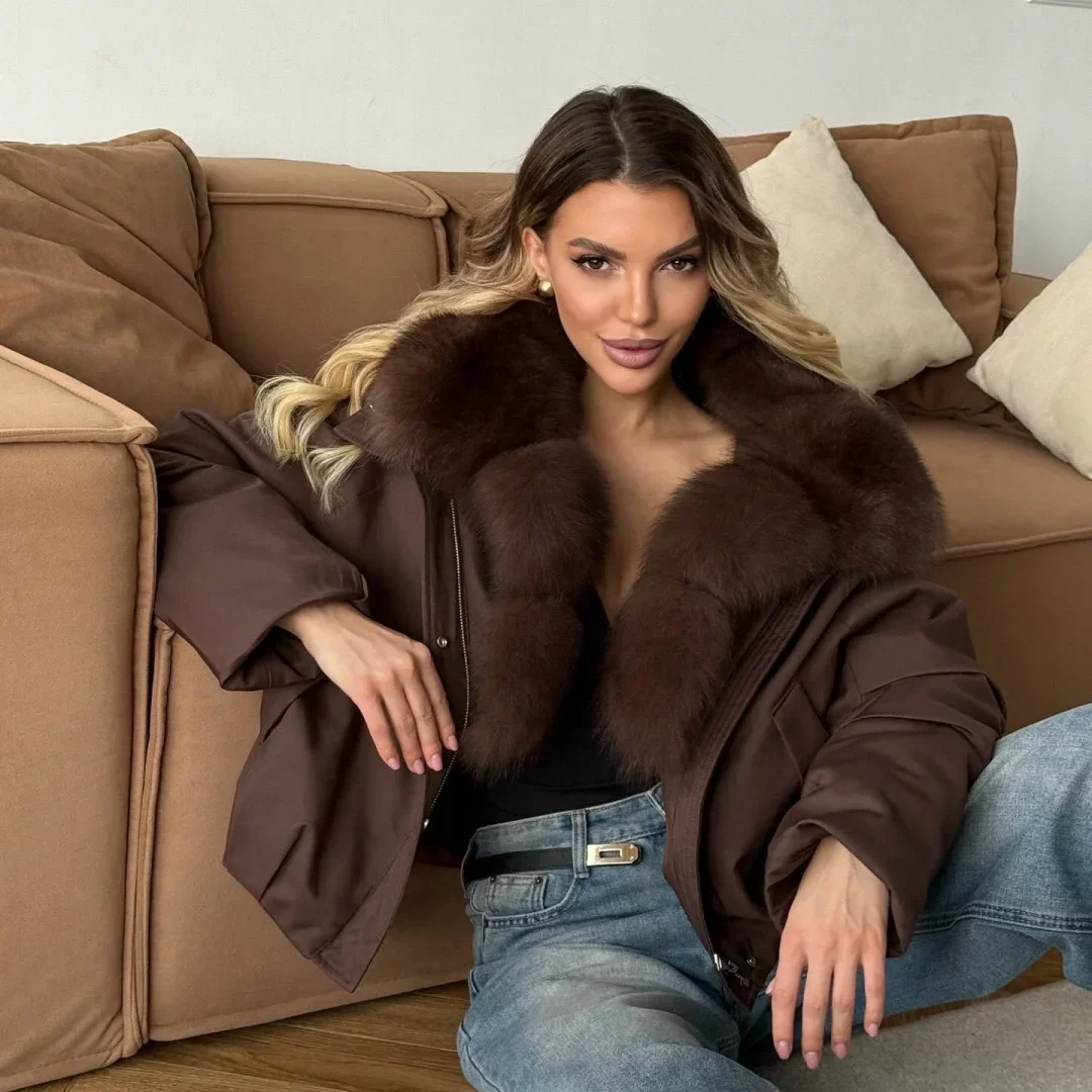 OFTBUY Neue Winter-Daunenjacke mit Flauschigen Federn, Verdickte Warme Wasserdichte Echte Riesige Fuchspelz Weiße Entendaunen-Jacke für Damen – Detail 15