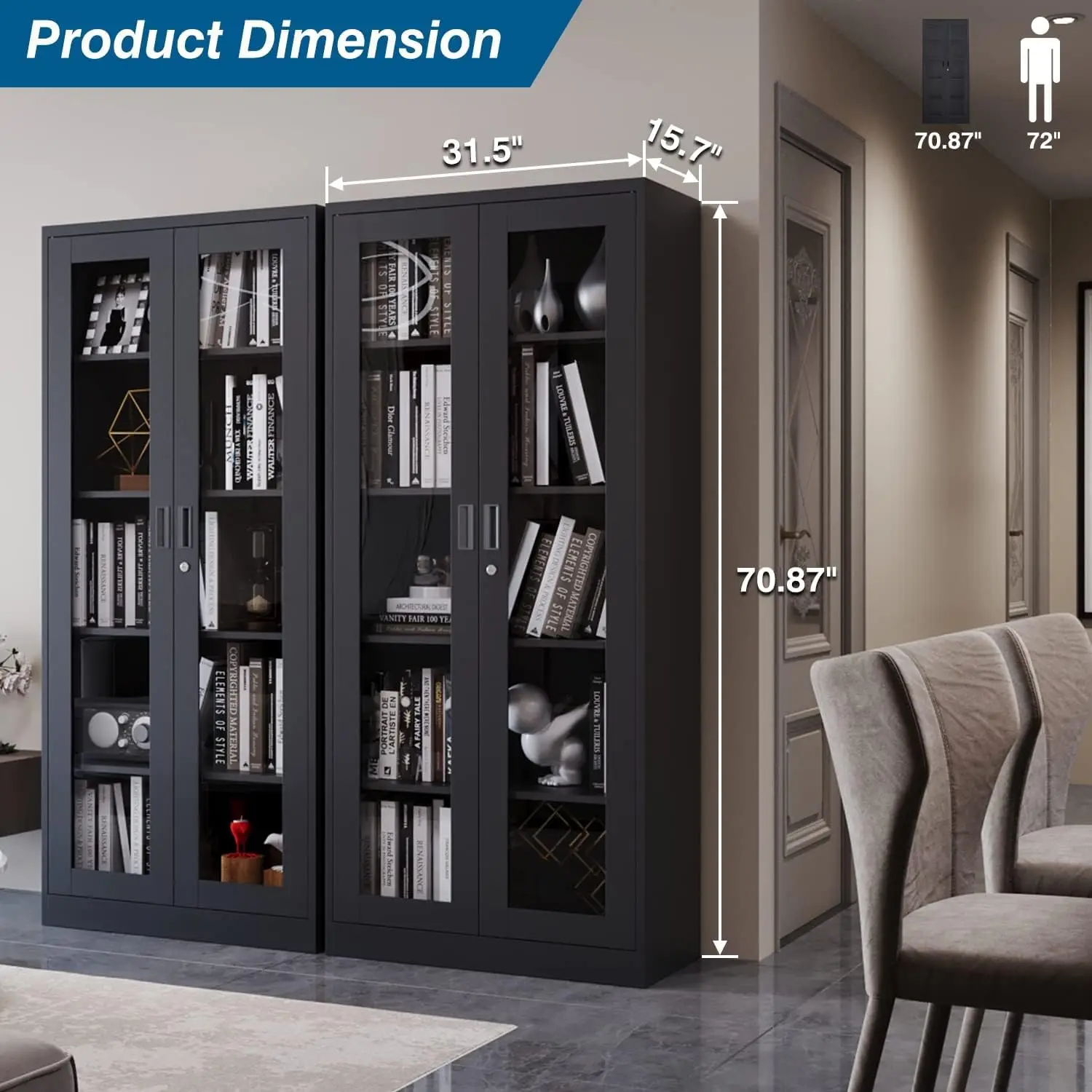 Display Cabinet with Glass Doors, Curio Cabinets with 4 Adjustable Shelves, Locking Glass Cabinet Display Case for Home