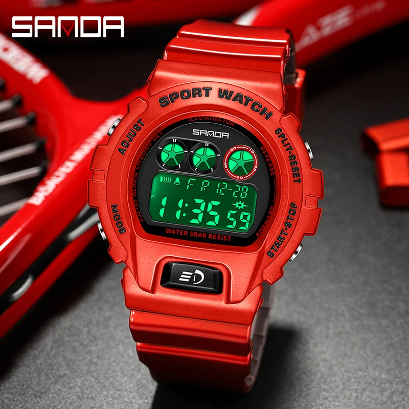 SANDA Personality Mens Electronic Watches Luminous Digital Multifunction Watch Red Strap 50M Water Resistant Relogio Masculino