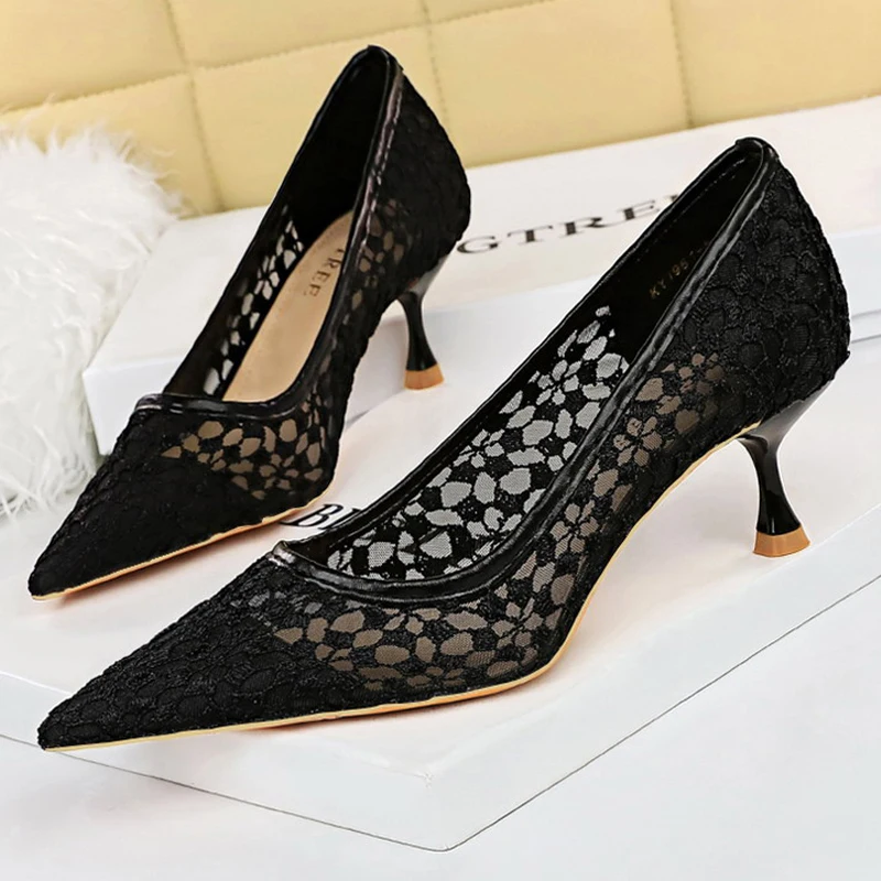 BIGTREE Shoes Mesh Cutout Lace Women Pumps Kitten Heels Sexy Banquet Shoes Stiletto Fashion Ladies Heels Plus Size 43 Sandals