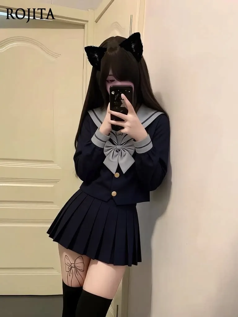 Japanese JK Sailor Uniform Two‑Piece Set Navy Cropped Sailor Collar Top with Bow Pleated Mini Skirt School Girl Cosplay Outfit