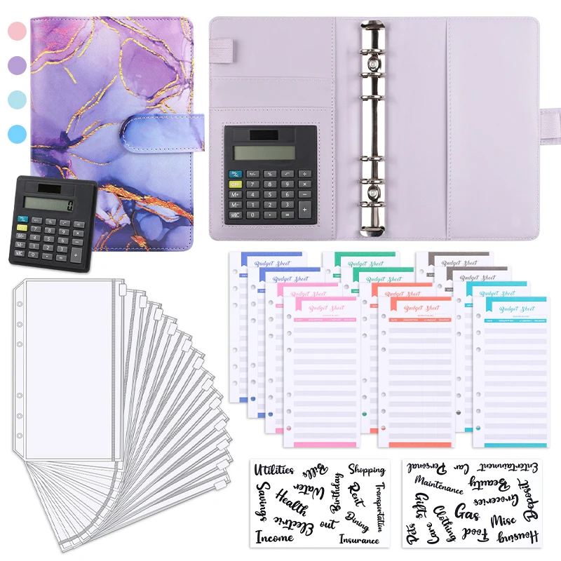 A6 Marble with Calculator Money Budget Planner Binder Zipper EnvelopesCash Envelopes For Budgeting Money Organizer Binde