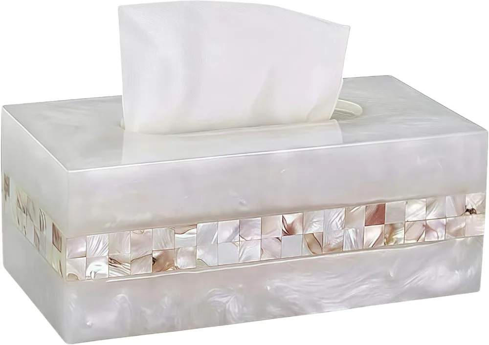

Luxury Marble Tissue Box Cover with Gold Mother-of-Pearl Shells, Hand-Polished Bathroom Accessory Set