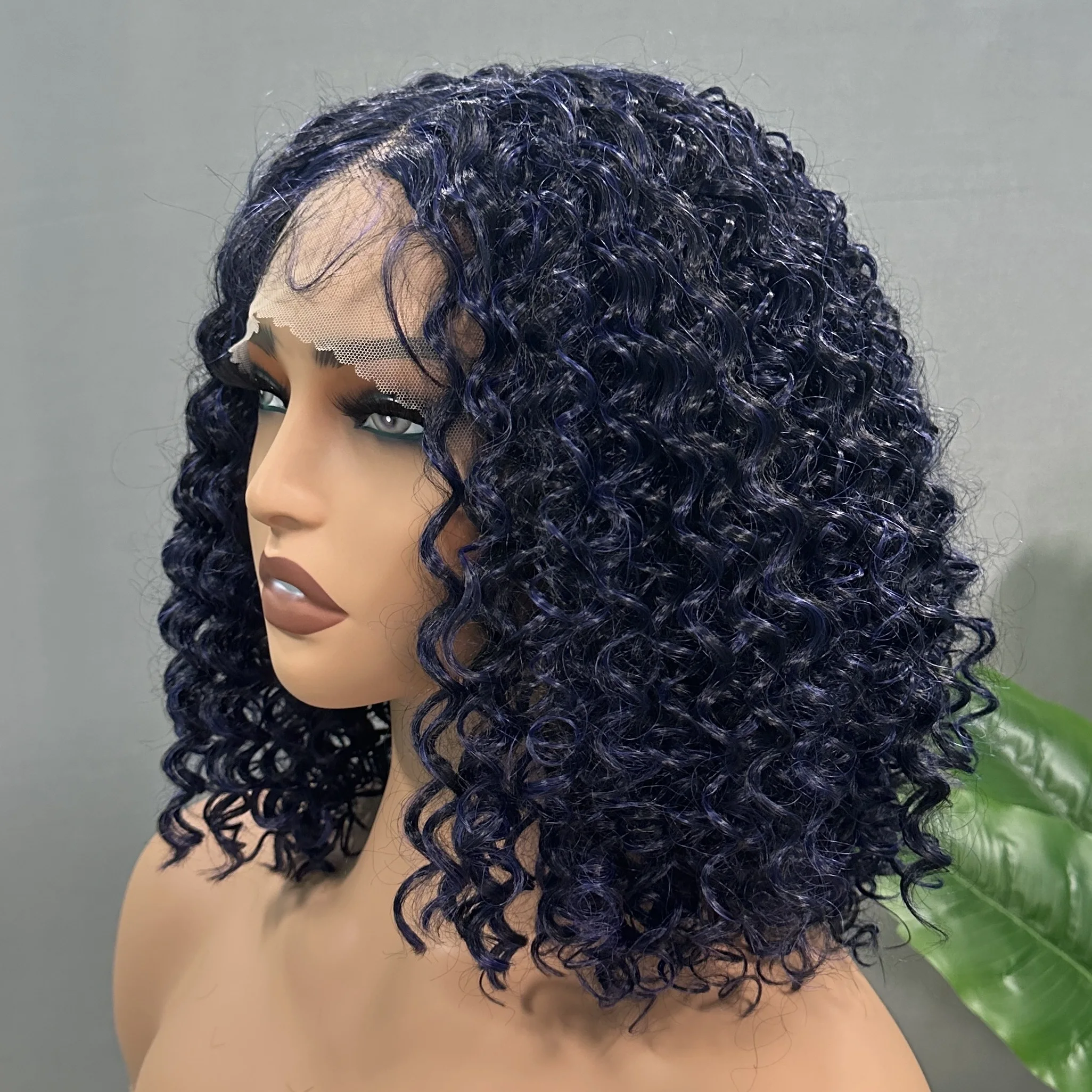 X-TRESS Short Soft Natural Synthetic Wig Dark Blue Afro Kinkly Curly Middle Part Wig With Bangs for Black Women Heat Resistant