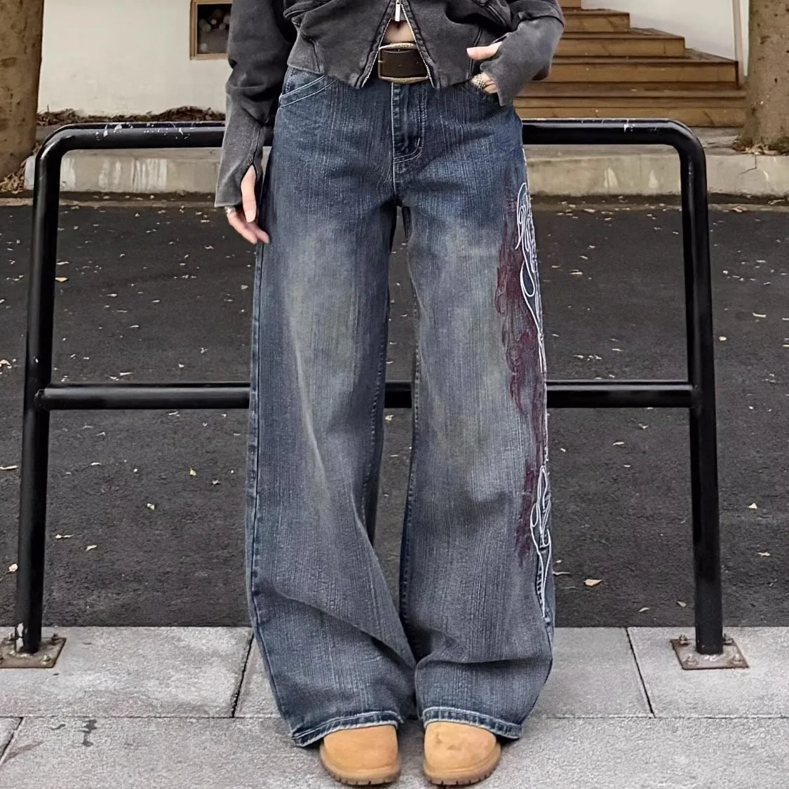 

American Style Spicy Girl Embroidery Design Loose Long Jeans Pants Men Women Y2K Straight Leg No Stretch Natural Waist Denim