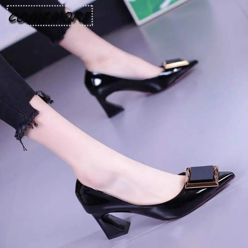 Women\'s Shoes Elegant High Heels Pink Leather Pointed Toe Luxury Pumps Fashion 2024 Trend Square Buckle OL Office Casual Shoes