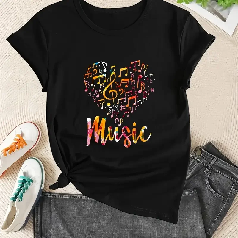 Music Festival Heart Print Casual Sports Tee Round Neck Running Fitness Short Sleeves T-shirt Top Women\'s Activewear Female tee