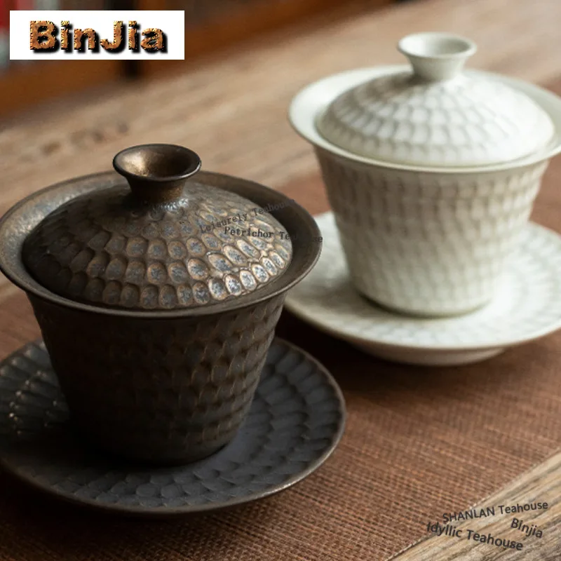 

160ml Handcrafted Hammered Pattern Gaiwan Luxury Tea Tureen Household Tea Bowl With Lid Kit Tea Making Cover Bowl For Tea Gift