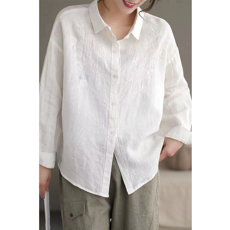 Women Vintage Embroidery Cotton Linen Button Shirts 2024 Spring Autumn Fashion Lapel Blouses Casual Solid Long Sleeve Loose Tops