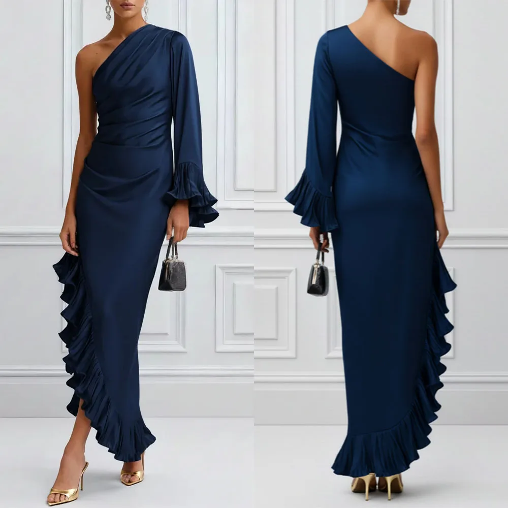 

Высококачественное индивидуальное платье на одно плечо, длиной до щиколотки, с многоярусной юбкой, синее, без спинки, для женщин, Vestidos Longos De Luxo Casamento Convidada שמלות