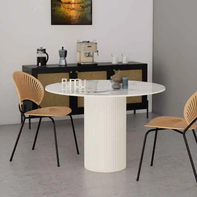 Factory Direct 2026 Round dining table pure white slate light luxury cream style high-end hall Roman column dining table