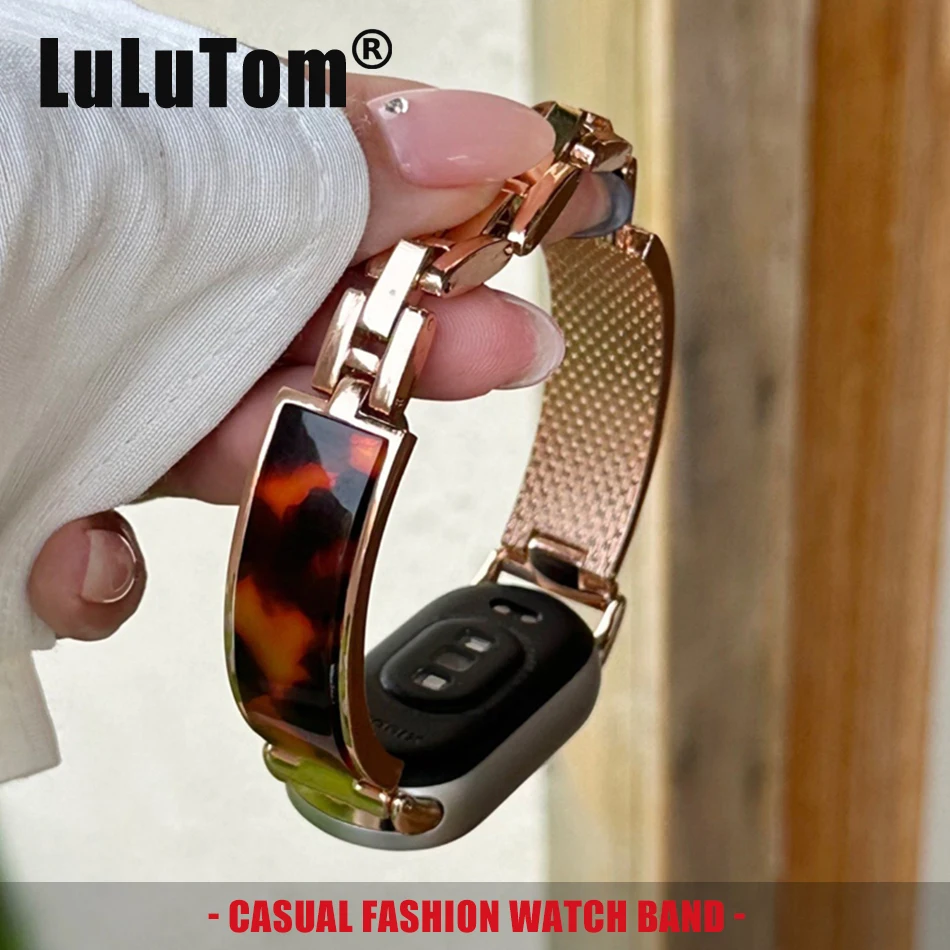 

Модный металлический ремешок из янтарной смолы для Xiaomi Mi Band 10 9 8 Pro, браслет из перламутра для Miband 8Pro 9 Pro