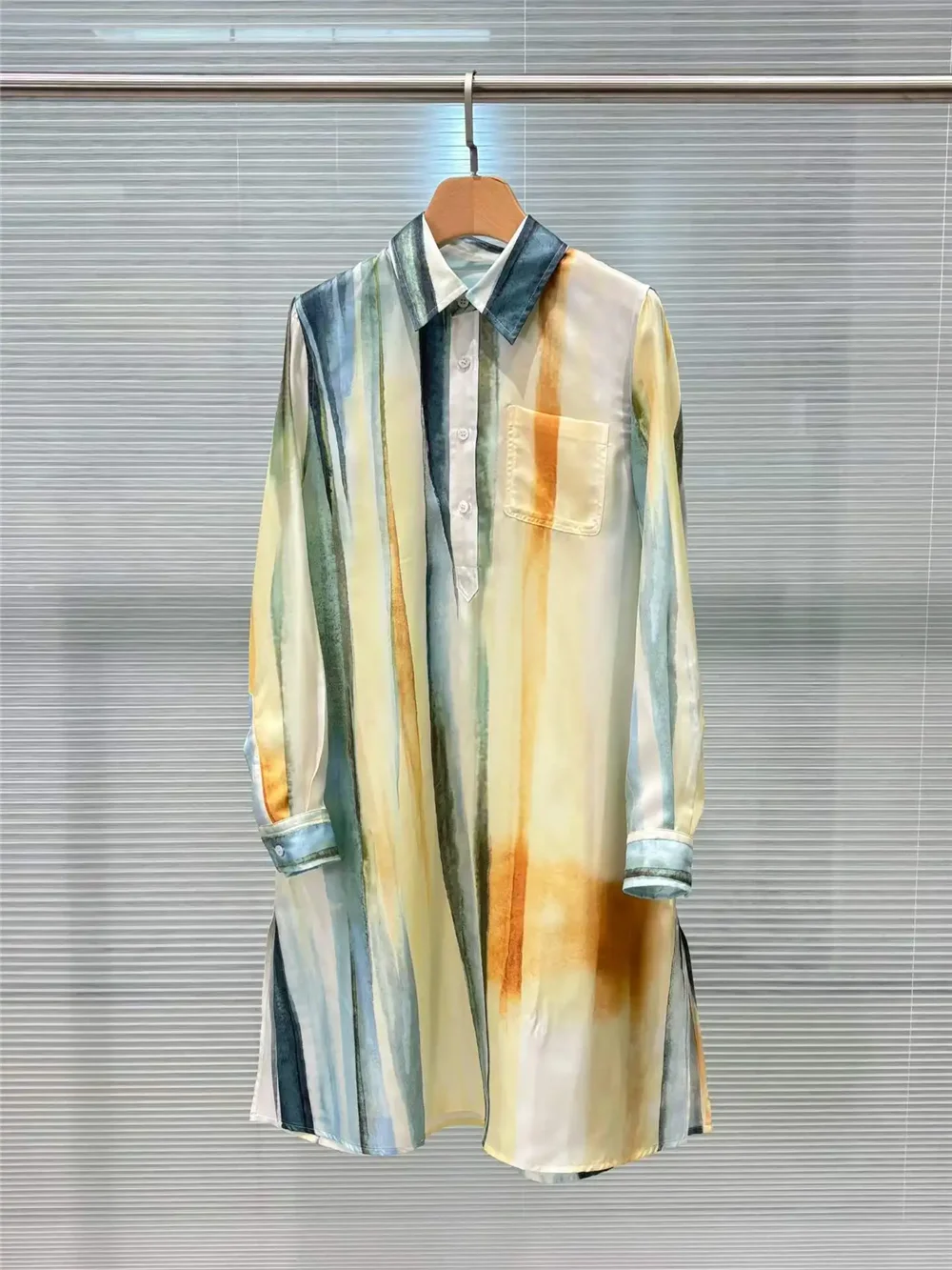 100% Silk Gradient Print Series Women's Long-Sleeve Shirt / Shorts/ Long-Sleeve Dress 3-Piece Set