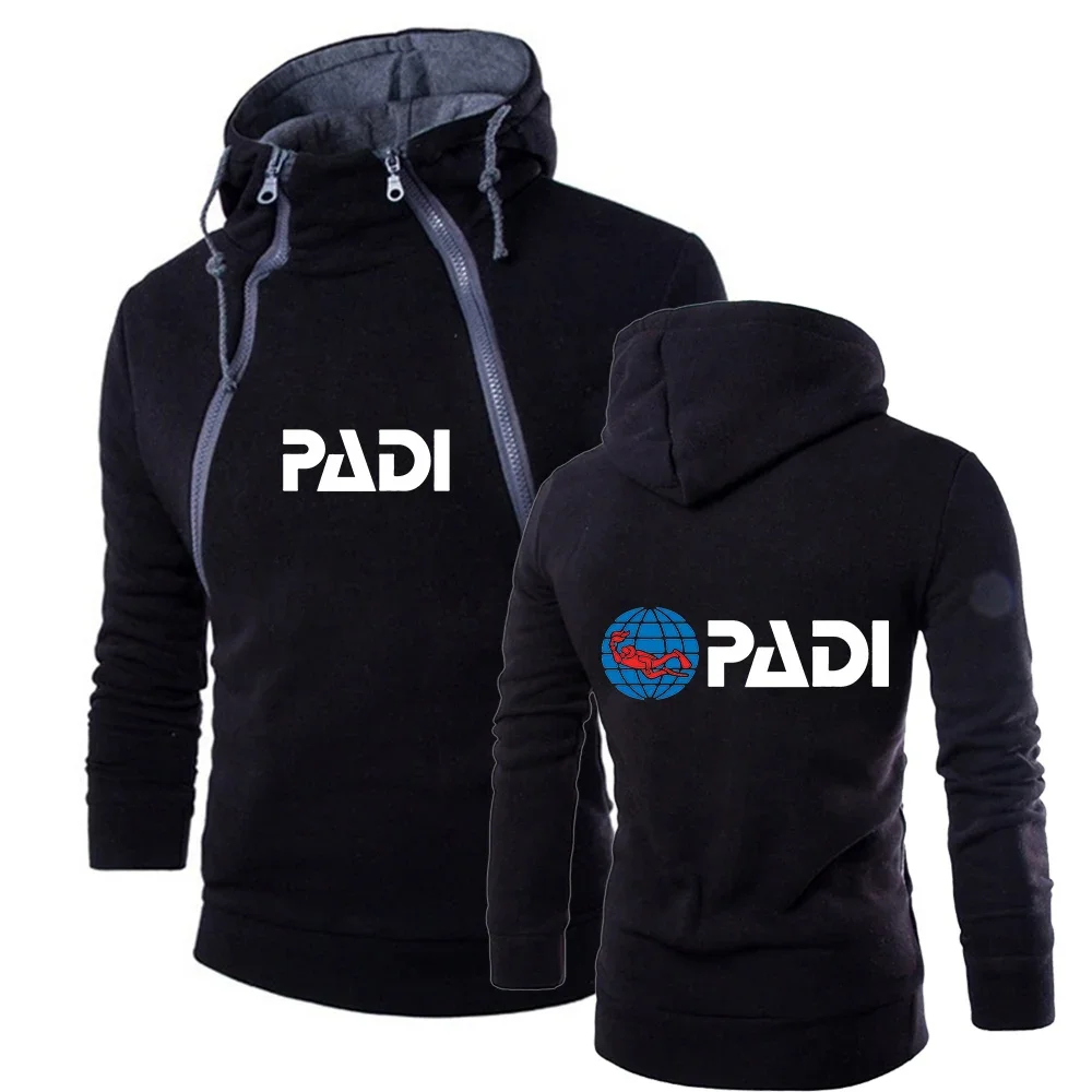 Scuba Driver Padi Printed Autumn Winner Men Hooded Sweatshirt Long Sleeve Double Zipper Pullover Sports Tracksuit Streetwear