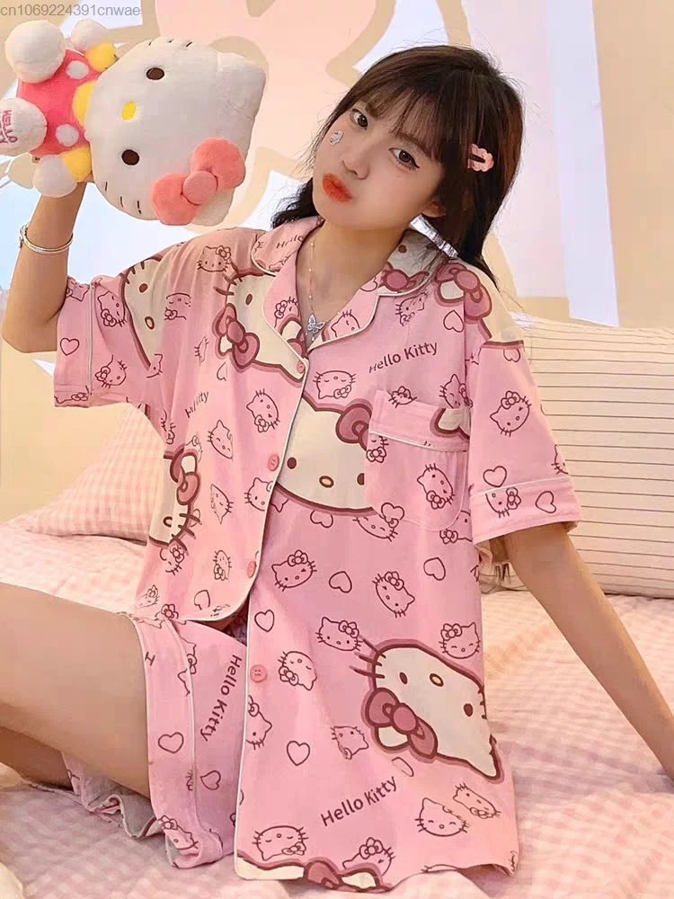 Sanrio Hello Kitty Pjs Pajamas Shorts Set Summer Cute Pink Home Wear Comfortable Two-piece Set Kawaii Anime Pyjama Sleepwear Yk2