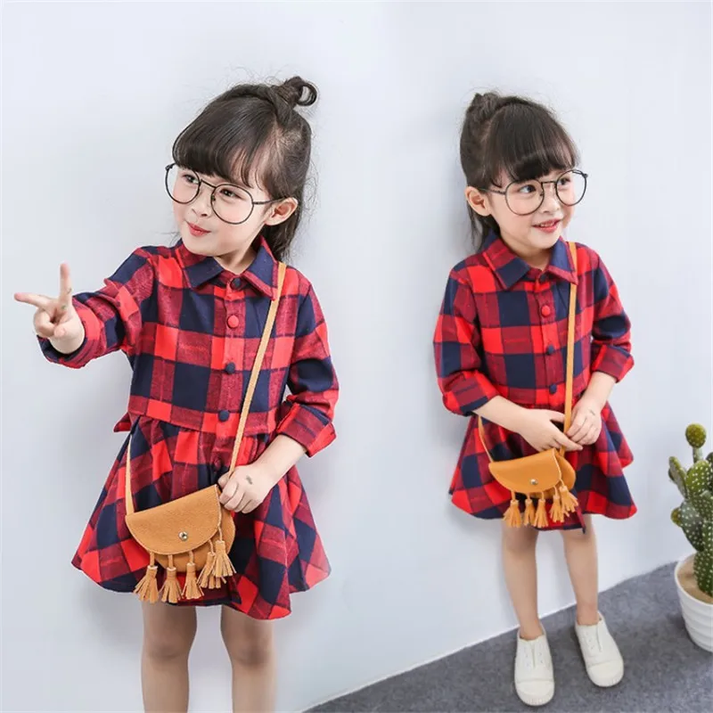 Summer New Baby Girl Dress Plaid Pattern A Word Lapel Casual 7 Point Sleeve Sweet Princess Dress Birthday Party Team Dress