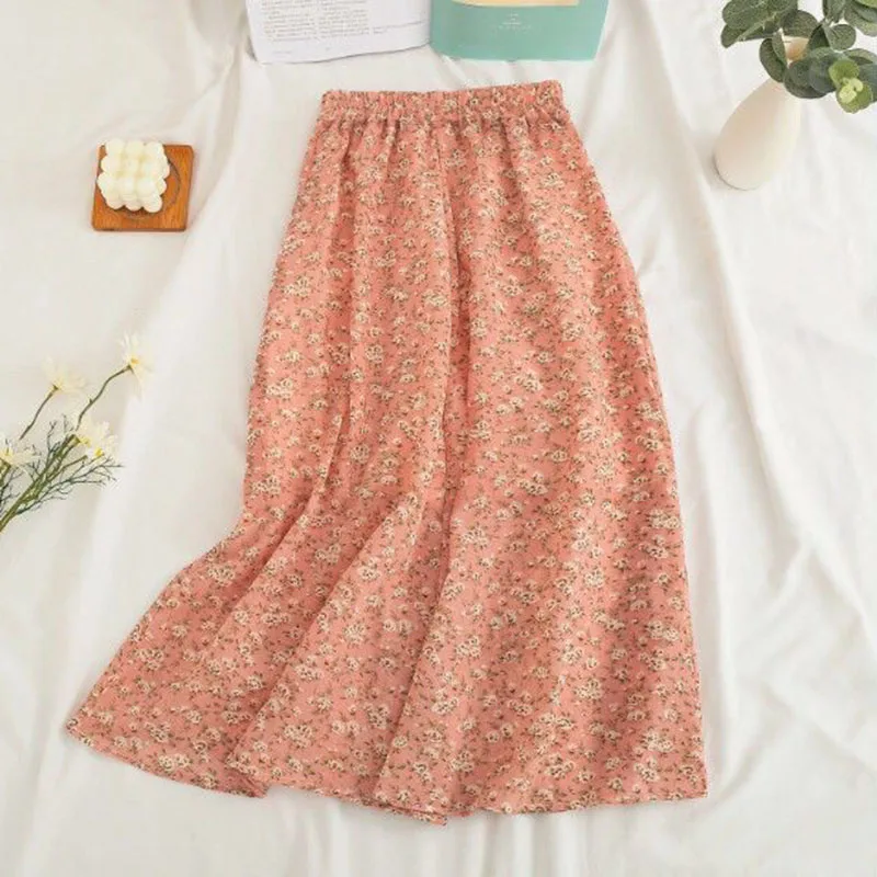 2026 New Korean Retro Floral Midi Skirts for Women Spring Summer Elegant High Waist Casual Mid Length Women's Skirts