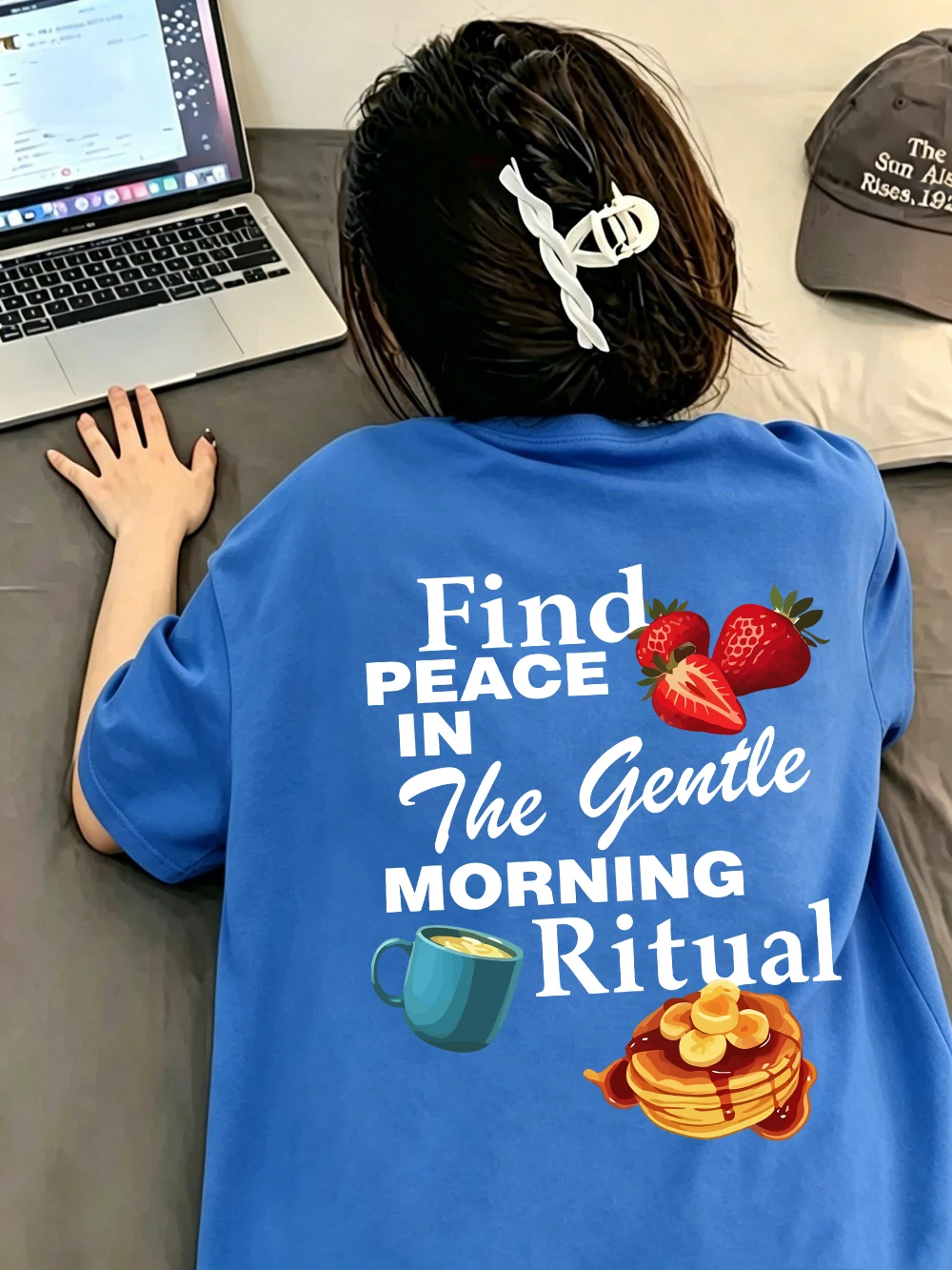 Summer T-Shirts Womens Cotton Gentle Morning Ritual Prints Tops Oversized O-Neck Soft Short Sleeve Tees Basic Womans Clothes