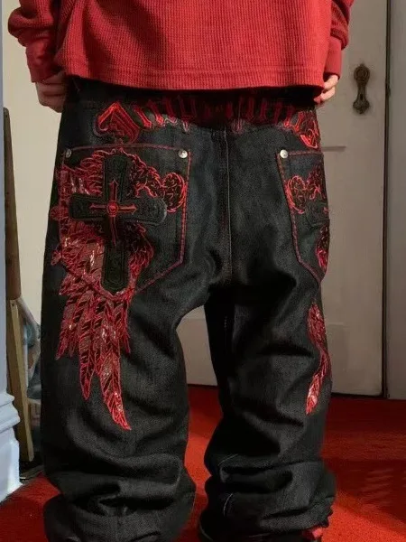 

Мужские джинсы Y2K в американском уличном стиле с вышивкой, широкие, свободные, модные, длинные брюки в готическом стиле, зимние, устойчивые к износу.