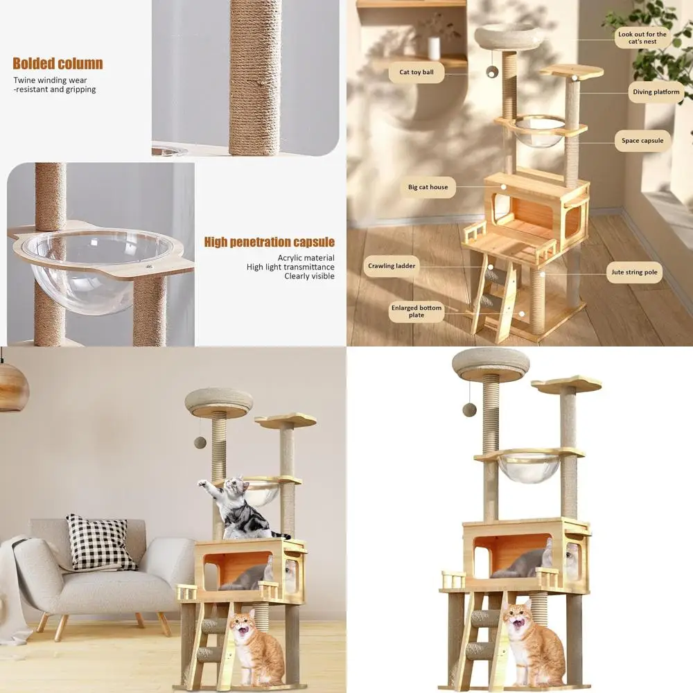 

Деревянная лежанка-башня для кошек высотой 147 см с прозрачным гамаком и когтеточкой для крупных кошек, идеально подходит для использования в помещении и на улице