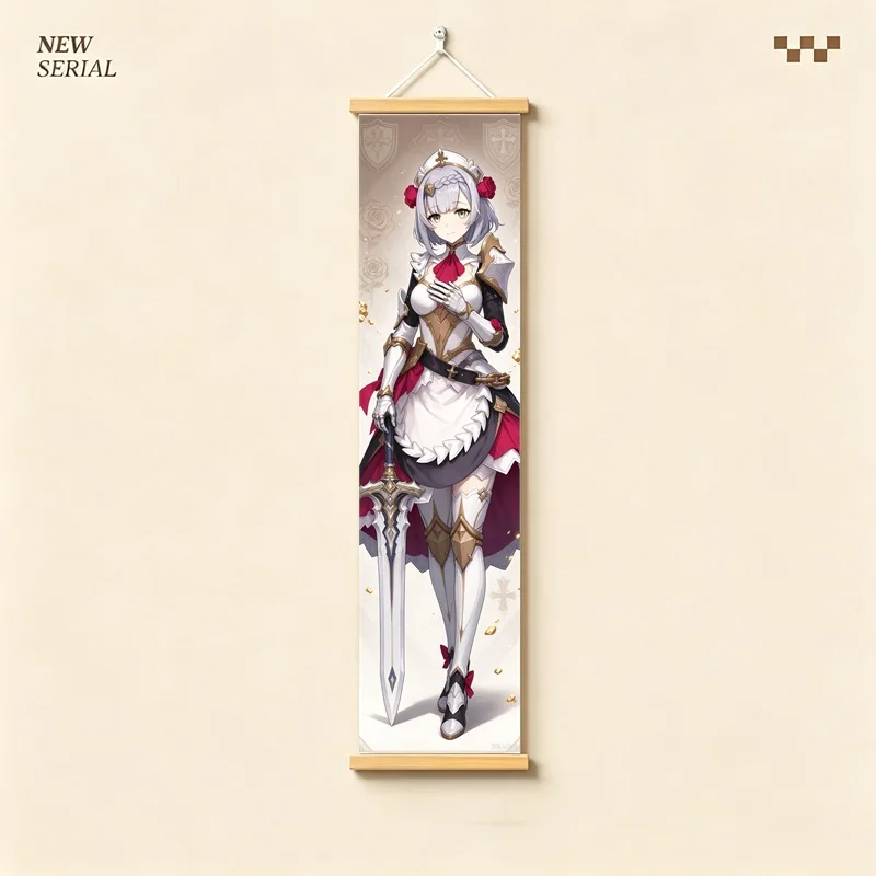 Hanging Scroll Wall Art of Genshin Impact Noelle with Red and White Maid Attire on Silver Shimmer Canvas for an Anime Bedroom