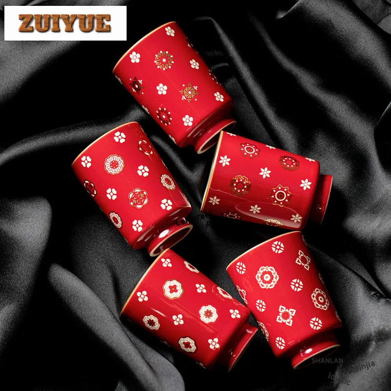 5 قطعة/مجموعة رسمت باليد باو شيانغ الزهور الأحمر فنجان الشاي الرجعية وعاء الشاي القدح الشاي تذوق كوب شخصي Jianzhan ماستر أكواب Teaset 80 مللي