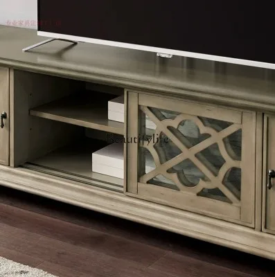 American country solid wood retro carved TV cabinet Nordic home locker