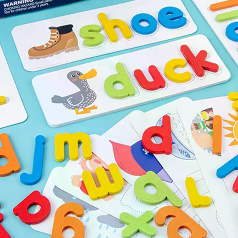 Rompecabezas de madera para niños, viñetas de animales, juguetes de aprendizaje para ver y hechizos, palabras de la vista del alfabeto y juegos de letras a juego, regalo para niños