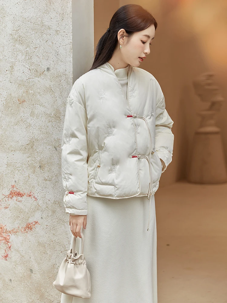 

Ретро-куртка в китайском стиле для женщин, зимняя, утепленная, с вышивкой, на пуговицах, из шелкового пуха, однотонная, для повседневной носки